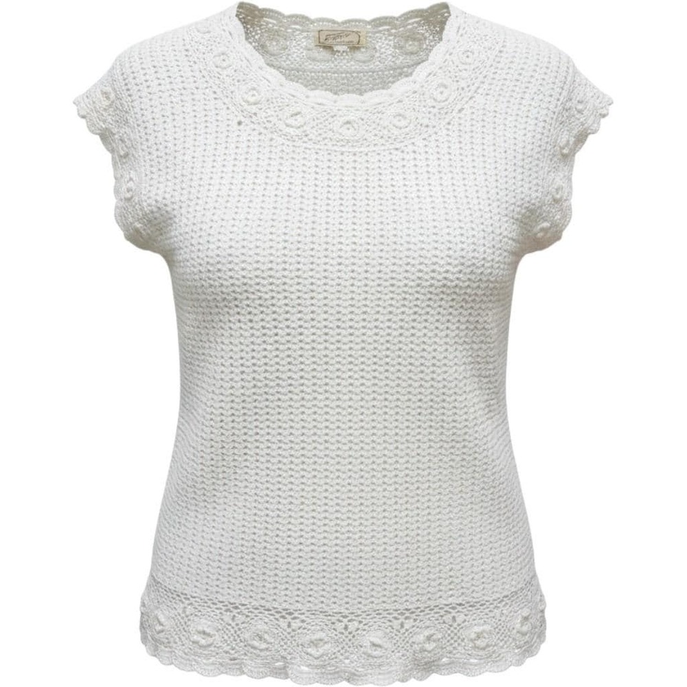 Vintage Tramo Switzerland Crochet Knit Floral Top Cream White Short Sleeve Large